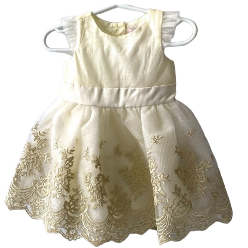 CATHERINE MALANDRINO Girl S/L Ivory Gold Tulle Cotton Lining Dress Size 3-6M NEW